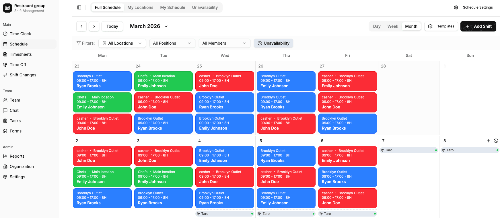 Shift Manager dashboard with schedule overview